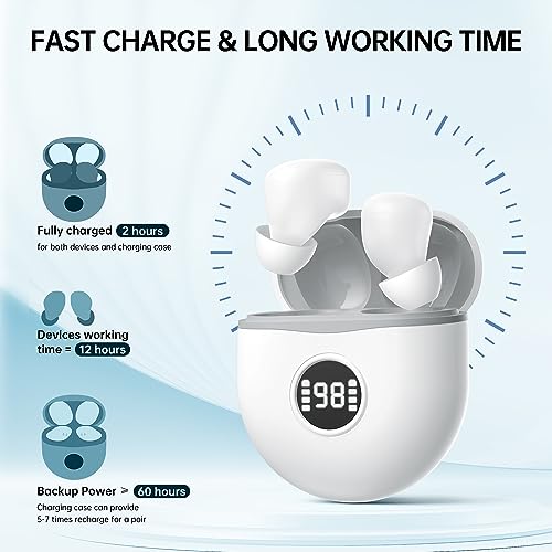 Hearing Aids, Rechargeable Hearing Aids for Seniors with Noise Cancelling, Small In Ear Hearing Amplifiers No Squealing and Charging Case LED Display,White