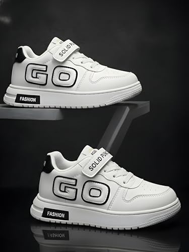 Image of HOOH Kids Unisex White Sneakers with Hook and Loop Closure, Embellished Pattern, Fashion Comfort Shoes