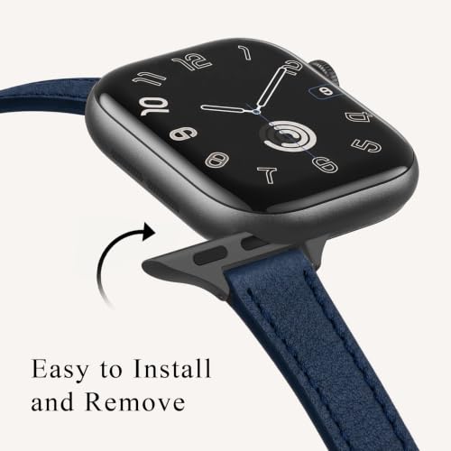 Image of STIROLL Slim Leather Bands Compatible with Apple Watch Band 38mm 40mm 41mm 42mm(Series 11 10), Top Grain Leather Watch Thin Wristband for iWatch SE 9 8 7 6 5 4 3 2 1 (Navy Black)