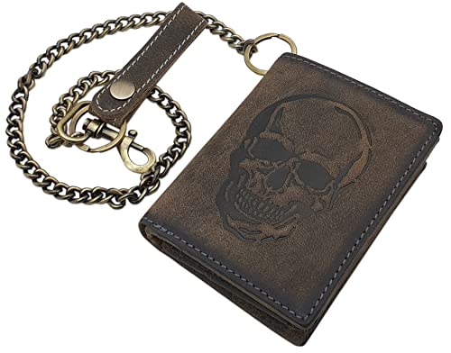 Cuero de búfalo Motero Monedero con Cadena metálica con Calavera Motivo con Bloqueo RFID y NFC (Gris Vintage) Cover