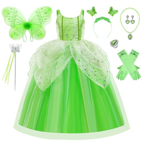 XfozDM vestido princesa vestido de fiesta de cumpleaños verde princesa con accesorios conjunto niñas tutú vestido para carnaval Navidad fantasía fiesta de cumpleaños verde tul,110