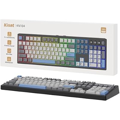 Kisnt KN104 Wireless Mechanical Gaming Keyboard, 100% Full Size 104 Keys with Number Pad, Custom RGB Backlit, Creamy Sound, Hot Swappable, Bluetooth/2.4GHz/USB-C for Win/Mac/PC (Carbon Black)