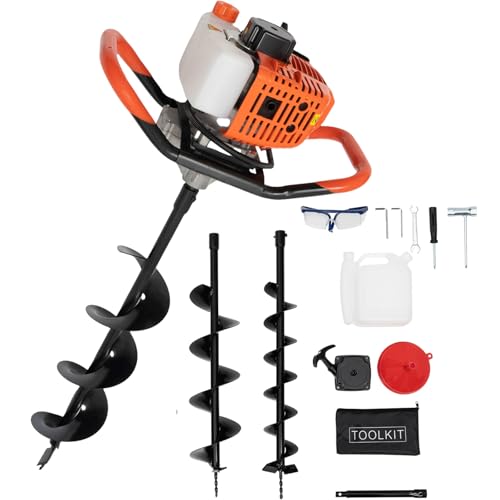 SHZICMY Tarière à essence avec 3 embouts de perçage 100/150/200 mm, 52CC tarière à essence 2-temps pour trous de terre, poteaux de clôture, puissance 1460W, tarière à pieux, tarière de jardin