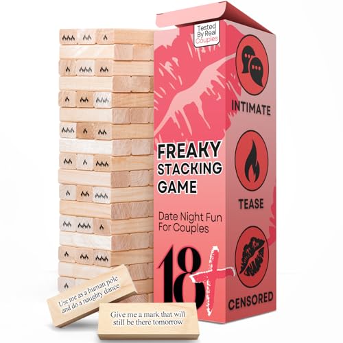 54Pcs Couples Games for Adults Super Naughty Tumbling Wooden Lust Tower Stacking Game with Intimate Dares for Date Night Party Spicy Romantic Intimacy Valentines Day for Couple