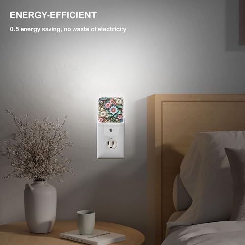 Image of LED Night Light Lamp with Smart Sensor Dusk to Dawn Sensor,Floral Pink and Blue Flowers with Pearls Leaves Night Light Daylight White,0.5W Plug-into Wall for Adults,Bedroom,Hallway,Kitchen