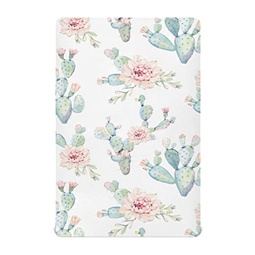 Image of KICPOAY Fitted Crib Sheets Cactus and Floral Stretchy Portable Playard Sheets for Baby Toddler, Breathable Soft Mini Crib Mattress 52 x 28 in for Boys and Girls