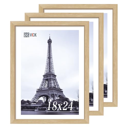 Image of VCK 18x24 Poster Frame Solid Wood Natural 3 Pack Picture Frames 18 x 24 Inches with Wall Mounting Hanging