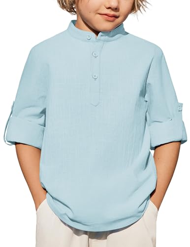 Arshiner Boys Cotton Linen Henley T-Shirt Long Sleeve Button Down Hippie Casual Beach Tee Tops Size 4-5, Light Blue