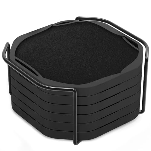 UMIRRO Absorbent Coasters for Drinks with Holder, Black Silicone Cup Coaster with Felt Insert for Coffee Table Decor, Small Unique Birthday Gift Ideas for Men, Dad, Him, Women Mom, Her, 4', Set of 6