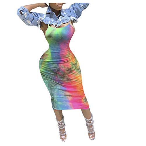 COOKI Dresses Women's Sleeveless Dress Tie Dye Print Bodycon Dress Summer Sexy High Waist Long Maxi Dress Evening Party Dress Orange