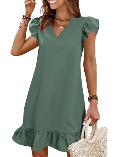 Image of QACOHU Spring Summer Dresses for Women 2026 V Neck Cap Sleeve Ruffle Hem Smock Short Casual Beach Dress
