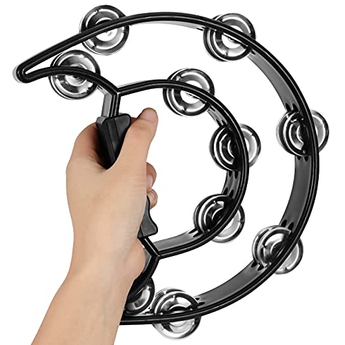 Muklei 4 Pack 9 Inch Double Row Tambourine, Half Moon Musical Tambourine, Metal Jingles Hand Held Percussion Drum With Ergonomic Handle Grip For Ktv, Party, Gift, Black #TOP5