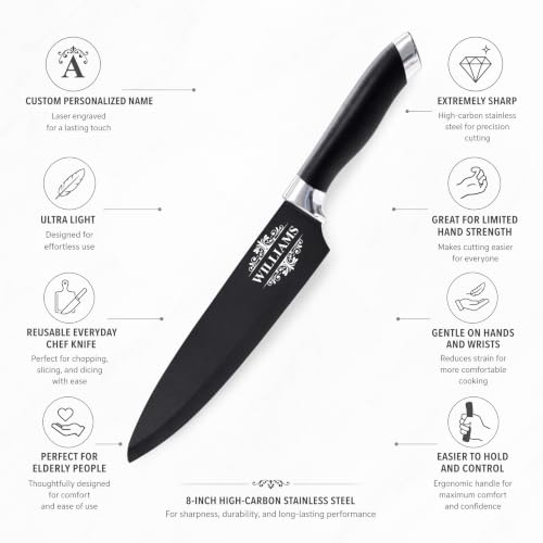 Image of Custom Engraved Black Kitchen Chef Knife- Razor-Sharp, Ultra-Light Blade with Artwork, Blade Cover & Red Velvet Gift Box - Personalized with Last Name, Premium Gift for Home Cooks and Chefs