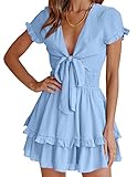 PRETTYGARDEN Women Summer Short Dress 2025 Casual V Neck Short Sleeve Tiered Bow Mini Sun Dresses Beach Vacation Sundress (Light Blue,X-Large)