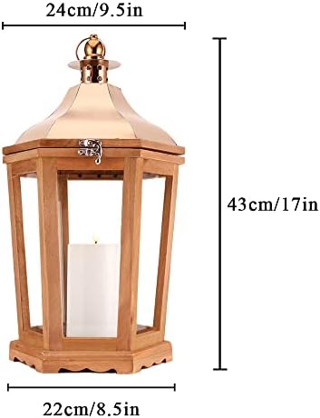 TRIROCKS Wood Decorative Lantern 43cm High Candle Holder Hanging Lantern With Clear Glass Panels Perfect For Home Decor Living Room Parties Events Tabletop Indoors Outdoors (Bronze)