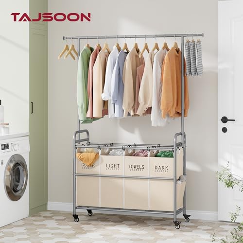 Tajsoon Laundry Hamper with Hanging Rack, Laundry Sorter 4 Sections, 4 Basket Butler with Lockable Wheels and Removable Bag, Rolling Laundry Cart for Bedroom, Beige by Tajsoon - Image 2