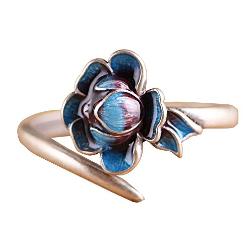 Bague argent S925 ajustable style rétro émail bleu brûlé et fleur