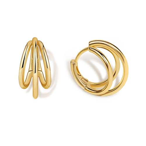 Gold Triple Hoop Earrings for Women Trendy Small Chunky Gold Earrings 14k Gold Plated Illusion Earrings for One Hole Statement Multi Huggie Hoop Earring for Women Hypoallergenic Everyday Jewelry
