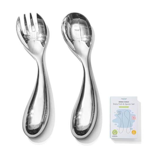 KINGSTONE Toddler Utensils Set, 18/10 Stainless Steel Kids Silverware Set with Curved Handle, All-Metal Baby Fork and Spoon, Safe Children's Flatware, Dishwasher Safe, Mirror Polished (2-Pie