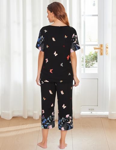 Image of Ekouaer Women's Two Piece Lounge Set Short Sleeve Shirt and Capri Pants Mumu Pajama with Pockets Loungewear Pjs Sets S-2XL