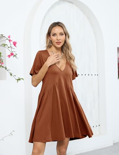 Image of Gozoloma Women Summer Short Sleeve Mini Dress Casual Loose V Neck Flowy Sundress Vacation Tshirt Sun Dress with Pockets