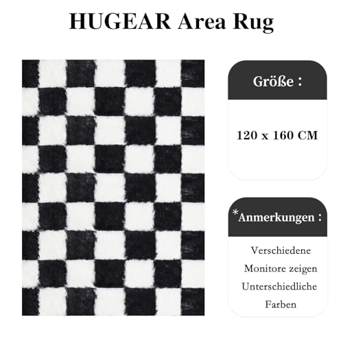 HUGEAR Kariert Flauschig Teppich Wohnzimmer 120x180cm Schwarz Weiß Shaggy Carpet – Ansicht 3