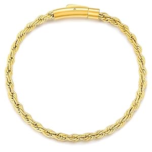 TUNGSTORY Men’s 4mm Rope Chain Bracelet, 18K Gold Filled/Silver/Black 316L Stainless Steel Bracelets with Bayonet Clasp, Hypoallergenic, Waterproof & Non Tarnish, Birthday Gift in Jewelry Box, 8IN