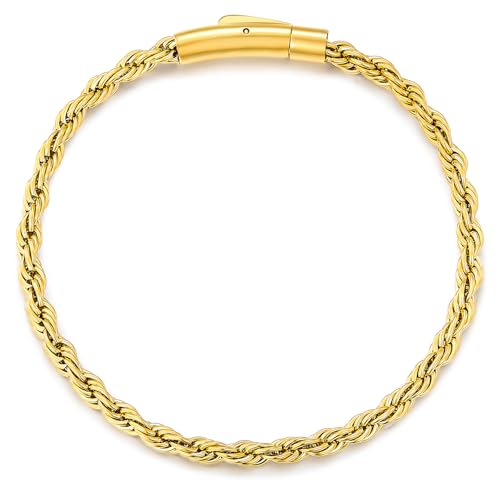 TUNGSTORY Men's 4mm Rope Chain Bracelet, 18K Gold Filled/Silver/Black 316L Stainless Steel Bracelets with Bayonet Clasp, Hypoallergenic, Waterproof & Non Tarnish, Birthday Gift in Jewelry Box, 8IN