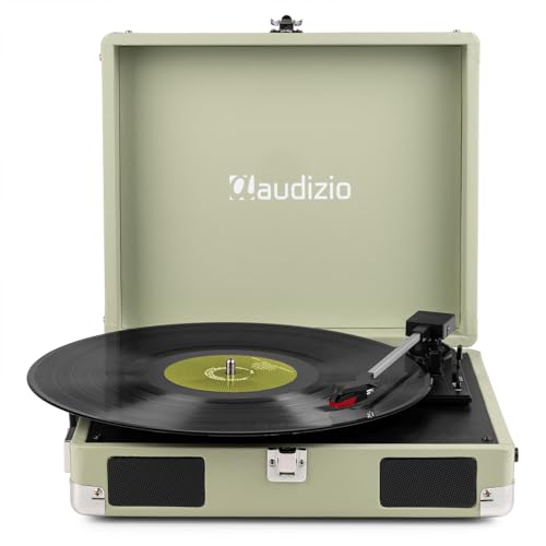 Audizio RP111G Briefcase Record Player Green – Retro Portable Vinyl Player with Built-in Full-Range Stereo Speakers, 3-Speed Turntable, Headphone & RCA Output, Green PU Finish