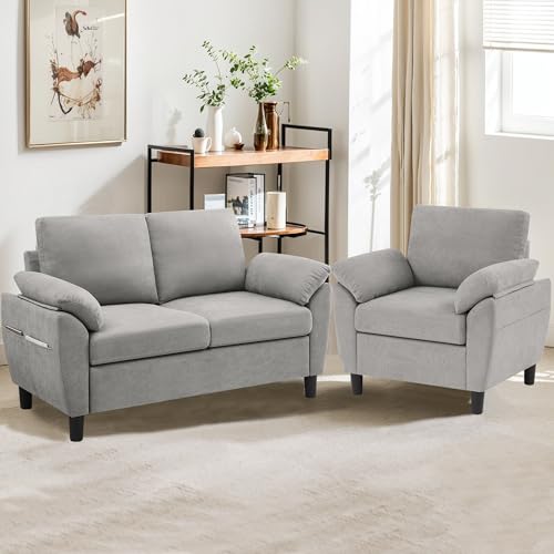 Portaforta 2 Pieces Small Loveseat Sofa and Accent Chair Sectional Sofa Set with Armrest Cushions & Side Pockets, Modern Soft Linen Love Seat Couches for Living Room/Apartment/Small Spaces, Light Grey