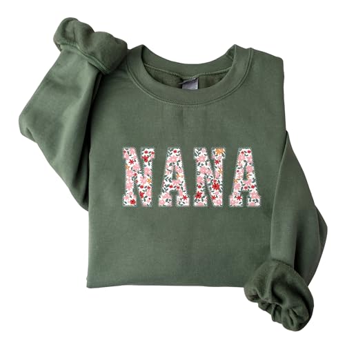 GodLover Nana Floral Applique Embroidered Sweatshirt Military Green Crewneck Size M Gift for Women Mom Grandma Mothers Day Christmas