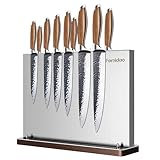 Magnetic Knife Block Without Knives,Stainless Steel Magnetic Knife Holder Rack for Kitchen Counter,Strong Double Sided Magnet Knife Storage Stand with Wood Base