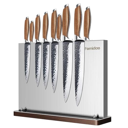 Magnetic Knife Block Without Knives,Stainless Steel Magnetic Knife Holder Rack for Kitchen Counter,Strong Double Sided Magnet Knife Storage Stand with Wood Base