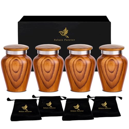 Metallic Wooden Print Small Urns for Human Ashes Keepsake - Mini Urn for Ashes Adult Male & Female - Keepsake Urns Set - Honor Your Loved One with Funeral Memorial Urn (Red Oak, Set of 4)