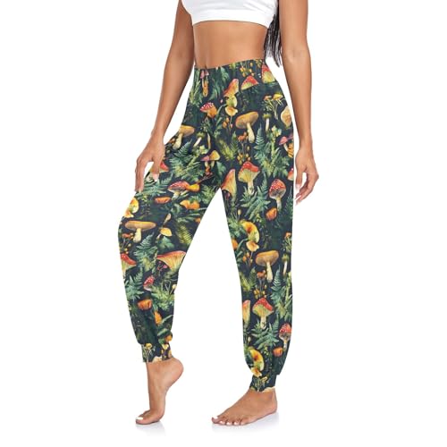 CHIFIGNO Retro Mushrooms Ferns Women's Joggers Jogger Sweat Pants Elastic Waist Pants, S
