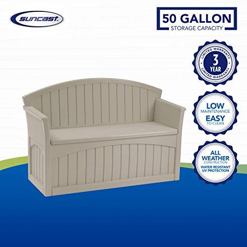 Suncast 50 Gallon Patio Bench With Storage - Decorative Resin Outdoor Patio Bench For Deck, Patio, Garden, Backyard - Ideal For Storing Toys, Cushions, Tools - Taupe () #TOP4