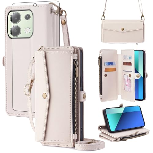 Coque Xiaomi Redmi Note 13 4G Portefeuille en Cuir avec Cordon et Verre Trempé