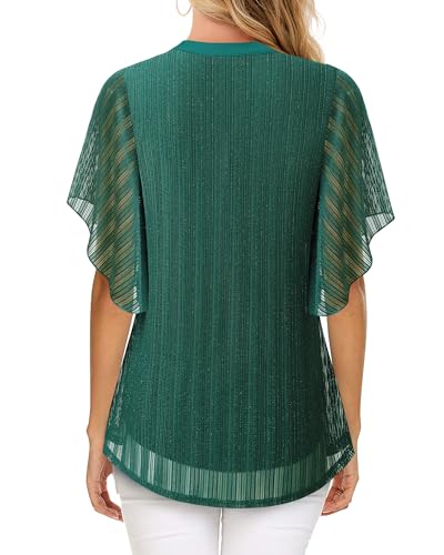Image of Timeson Women's Short Sleeve V Neck Blouses Shirts Floral Double Layers Mesh Tunics Tops