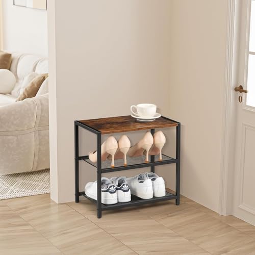 Image of Shoe Rack Wooden Shoe Shelf Storage for Entryway, Closet, Hallway, and Bedroom, Industrial Shoe Organizer with Sturdy Metal Mesh Shelves (Black)