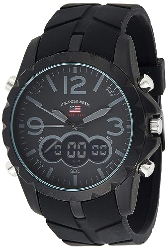 U.S. Polo Assn. Men's Multifunction Watch Black Silicone Strap Analog Digital Display Alarm Chronograph Backlight 50mm Case Fits Wrists 5.5