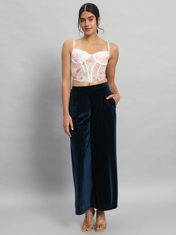 Image of Vaararo Party Trousers for Women | Shiny Velvet Fabric Wide Bottoms Stylish Palazzo Pants