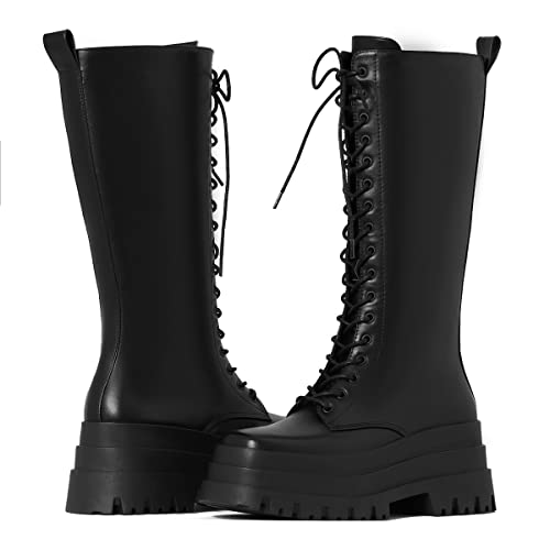 Sarairis Women's Platform Boots Knee High Boots Wedge Heel Square Toe Black Boots Lace Up Punk Mid Calf Boots For Women #TOP4