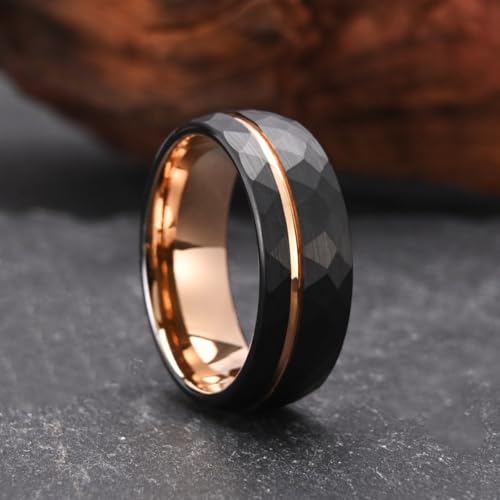 Tungsten Carbide Rings for Men Women 8mm Black Hammered Men's Engagement Wedding Bands Rose Gold Groove Matte Brushed Comfort Fit2