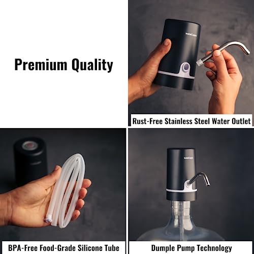 Image of InstaCuppa Automatic Water Dispenser for 20 Liter Cans, Child Lock, USB Rechargeable Pump, Stainless Steel Outlet, LED Display, Portable for Home, Office, Camping, Black