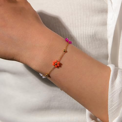 Daisy Flower Bracelet for Women 18K Gold Plated Stainless Steel Colorful Flowers Link Chain Bracelets Boho Beach Summer Jewelry2