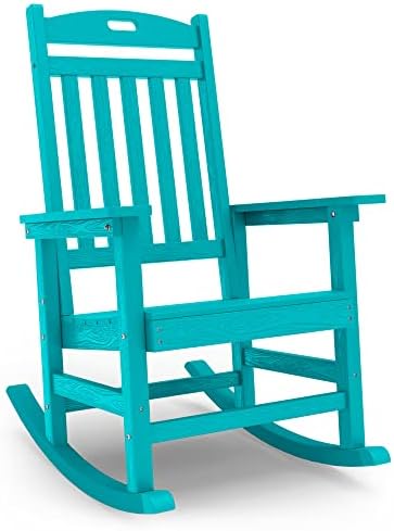 YEFU Outdoor Rocking Chair, Poly Lumber Patio Rocker Chair with High Back, Poly Rocking Chair Look Like Real Wood, Widely Used for Lawn, Porch, Backyard, Indoor and Garden,380lb Heavy Duty(Aruba Blue)