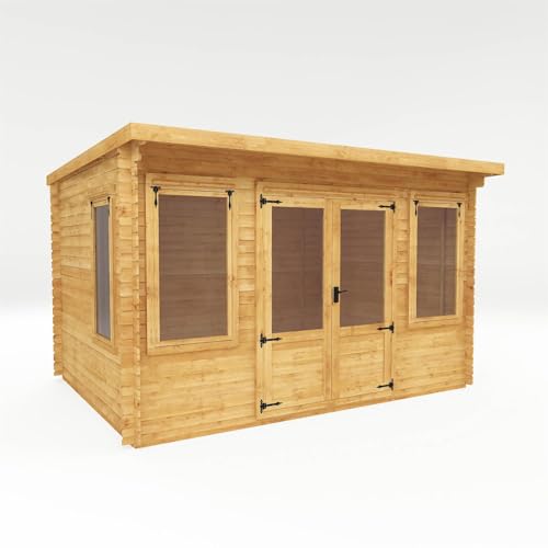 WALTONS | Wooden Log Cabin 4m x 3m | Pent Roof | Garden Room | 19mm Interlocking Log Boards | Double Doors