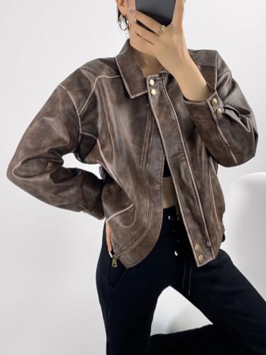 chouyatou Women's Fall Distressed Faux Leather Bomber Jacket Motorcycle Oversized Leather Jacket3