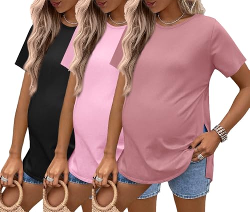 Ekouaer 3 Pack Maternity Shirts Short Sleeve Split Side Pregnancy Tops Casual Pregnant Tunic Blouse Red Purple/Black/Dark Pink S
