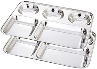 WhopperIndia Stainless Steel Five Compartment Round Plate, Thali, Mess Tray, Dinner Plate Set of 2 pcs- 33 cm Each